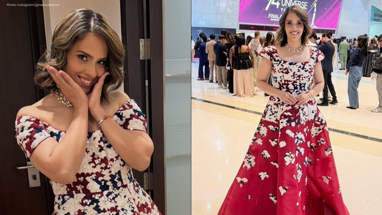 Saina Nehwal Dazzles as Judge at Miss Universe 2025 in Radiant Red Gown