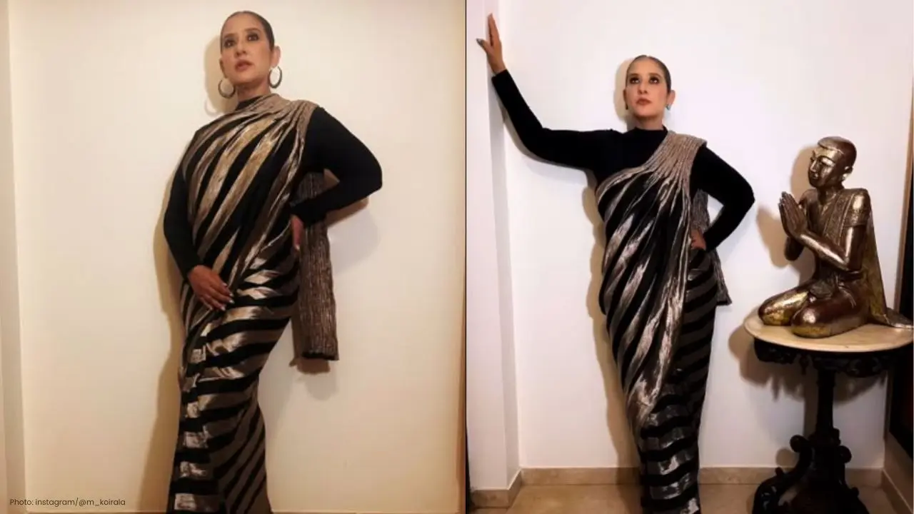 Manisha Koirala Stuns Fans in Elegant Gold-Black Saree