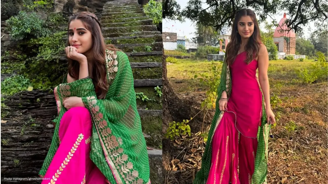Rasha Thadani stuns in pink sharara during Chanderi film shoot